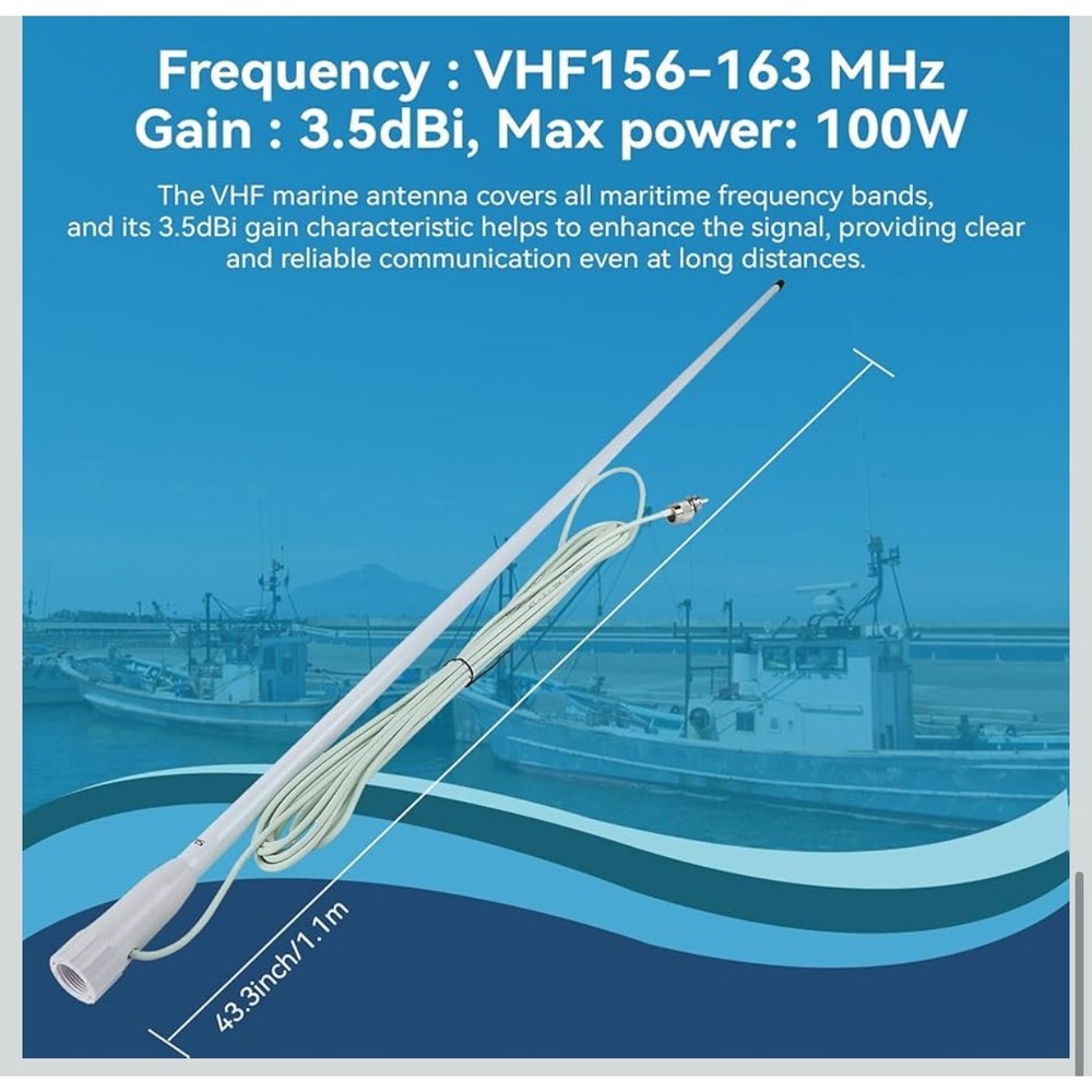 RETEVIS MA06 VHF Marine Antenna 100W 3.5dBi Gain 1.1M 43.3in White SL16J PL259